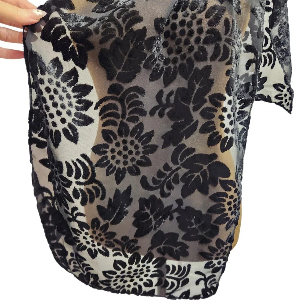 Casual Corner Black Burnout Velvet Floral Scarf Sheer Mesh Devore Sunflowers